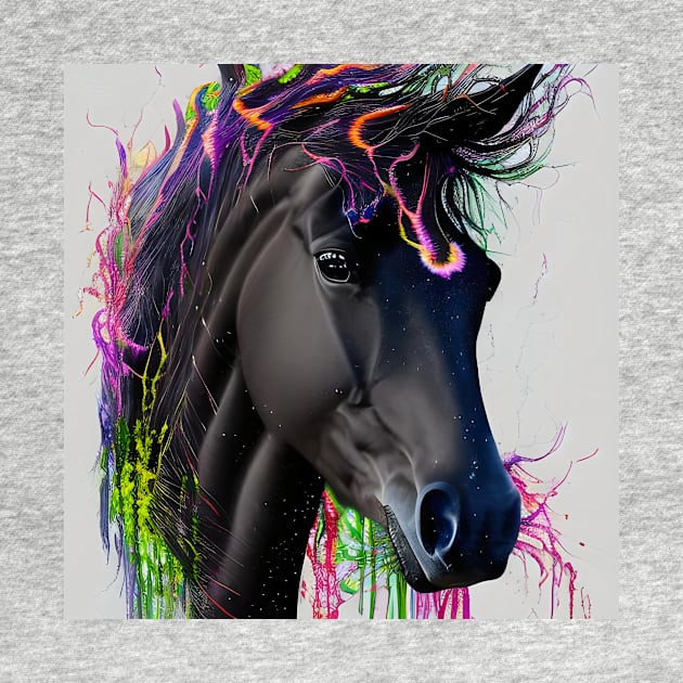 Black horse head with flowing mane with watercolor elements by Hujer